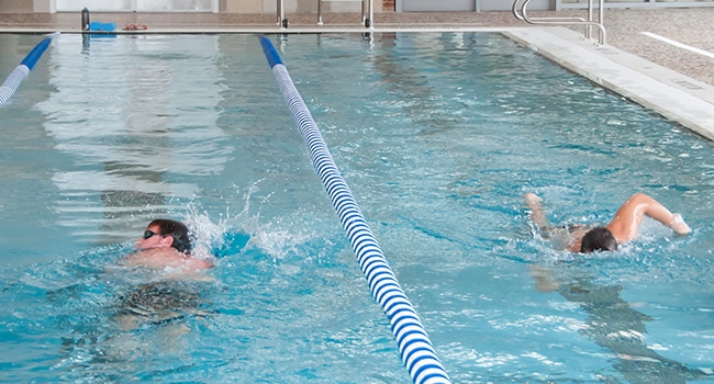 a group of people swimming in a pool of water